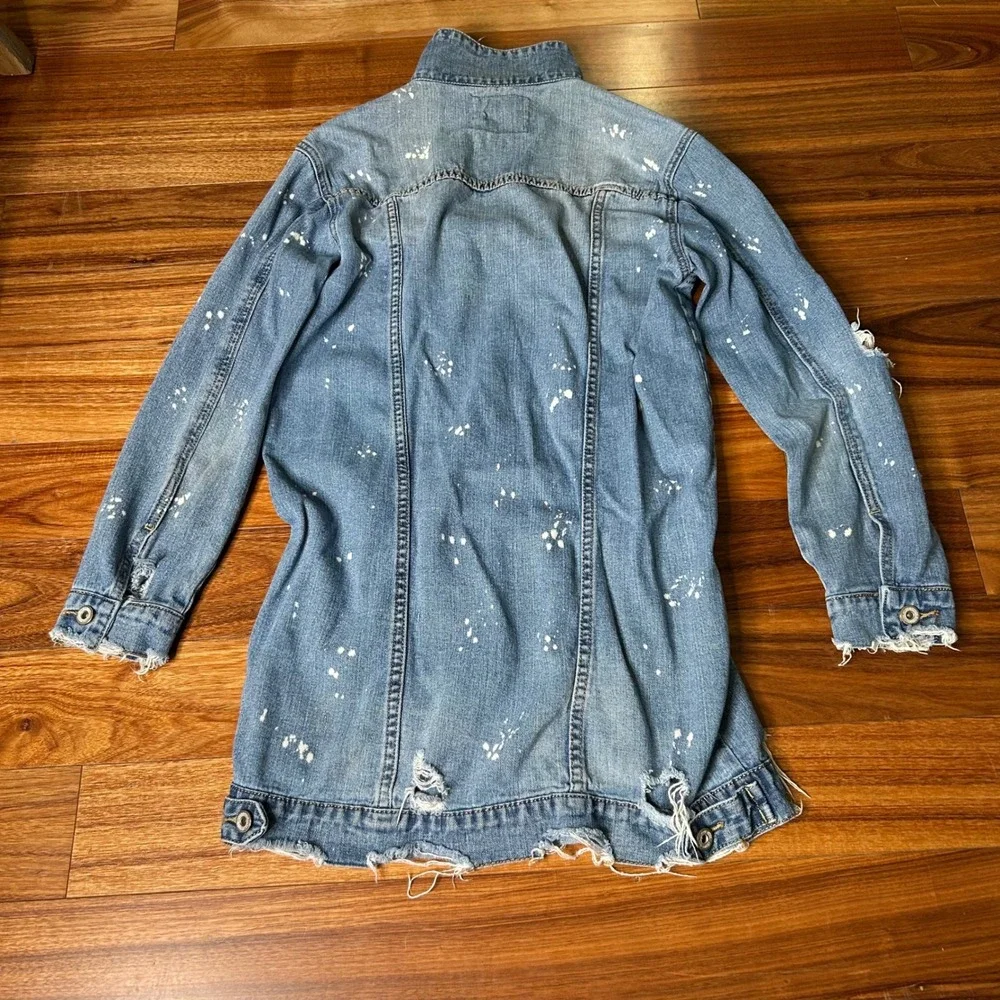 Distressed long‎ Denim Jacket Paint Splatter ripped